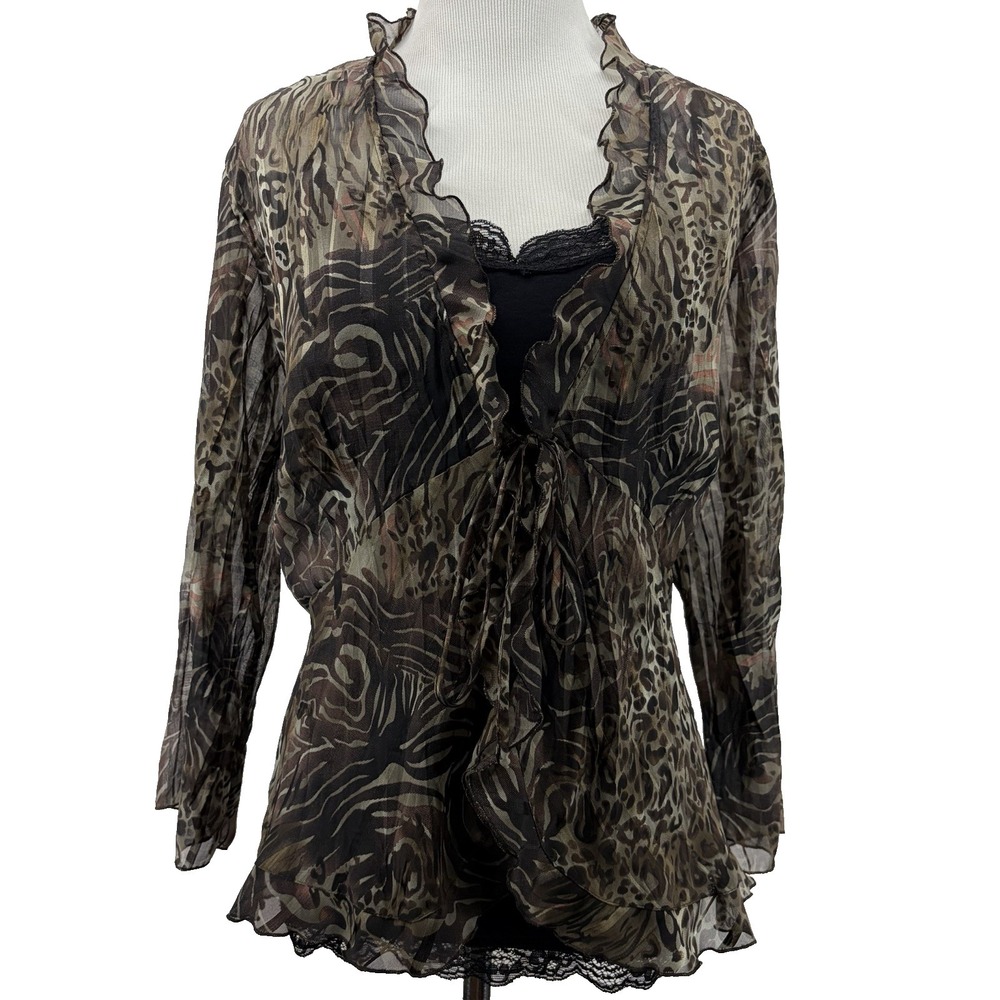 Notations Vintage Y2K Size M‎ Brown Sheer Ruffle Cardigan Tie Front Animal Print